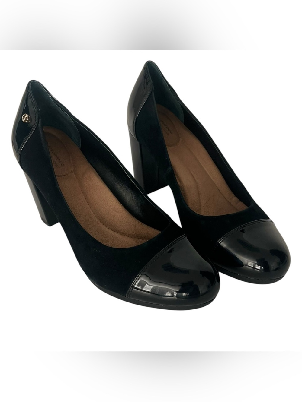 Giani Bernini Black Cap Toe Block Heel Pumps Size 9 Memory Foam Career Heels